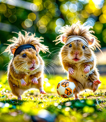 Two hamsters playing with soccer ball in grassy area with trees in the background. Generative AI