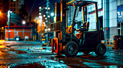 Forklift parked on the side of the road in the city at night. Generative AI