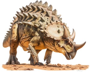 Fototapeta premium Enigmatic Ankylosaurus, armored with bony plates and a mighty club tail, vivid colors captured in high detail, isolated on white background