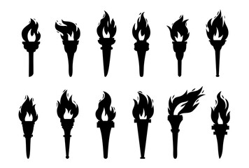 Vector burning flame torches black shapes set icons isolated on white background. Sport flat style games victory silhouette symbols collections. Winner abstract sign