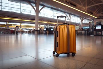 Orange modern suitcase. Airport interior in the background