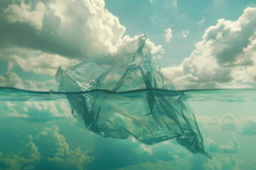 An environmental concept image depicting plastic waste floating on the sea surface, forming an iceberg-like structure.

