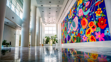 Large colorful painting on the wall of building with large window. Generative AI