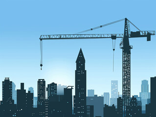 Silhouette of a tower crane on a bustling construction site, super realistic