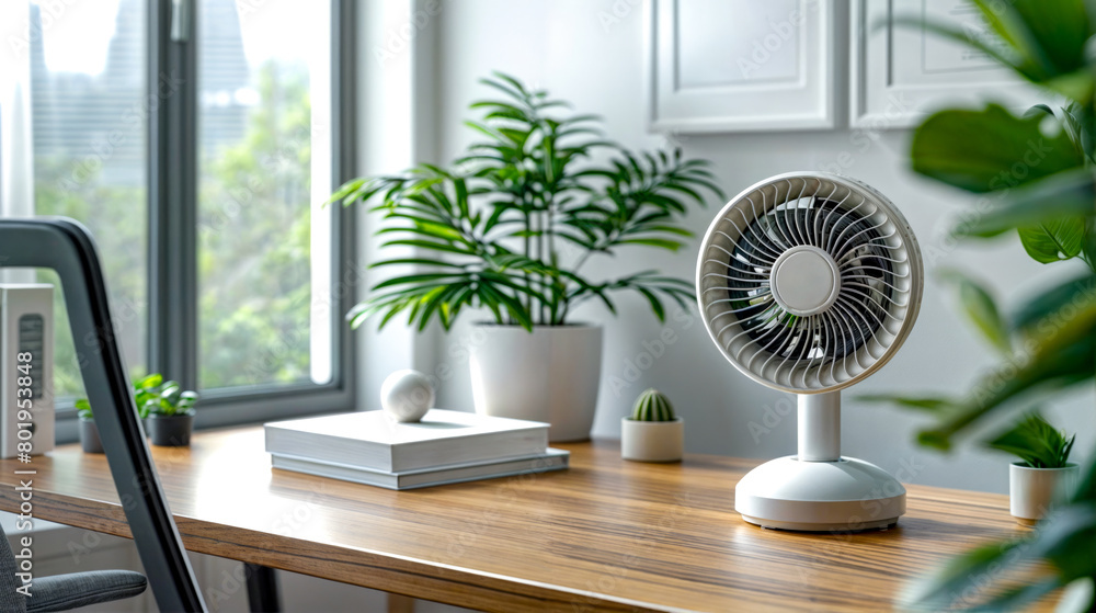 Wall mural table with fan on top of it next to potted plant. generative ai