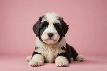 Old English Sheepdog puppy looking at camera, copy space. Studio shot.