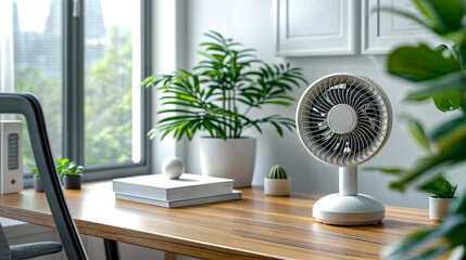 Table with fan on top of it next to potted plant. Generative AI