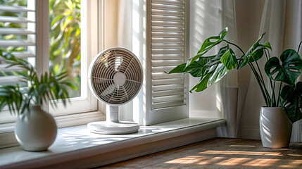 Fan sitting on window sill next to potted plant. Generative AI