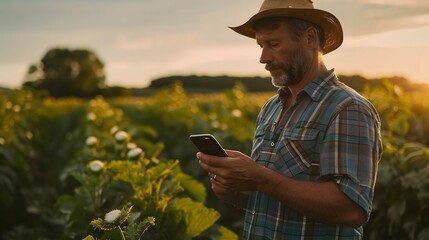 a farmer analyzing data on a smartphone app beside flourishing crops, emphasizing clarity and vibrant colors.