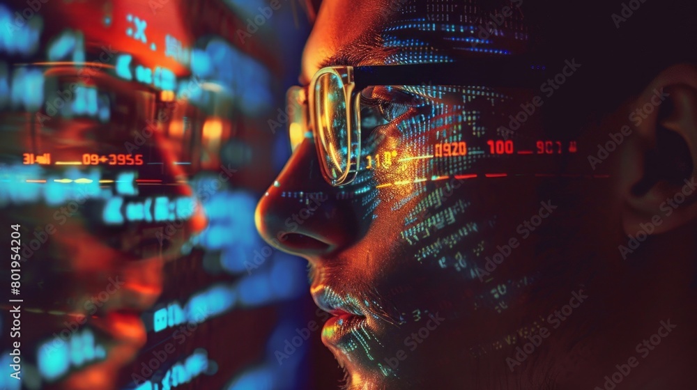Fototapete Close-up of a man, a programmer, an IT specialist, a hacker reading an html script, thinking about data analysis, cybersecurity, Coding in a modern high-tech office