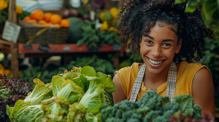 Radiant black female farmer sells sustainable organic veggies at an eco market on a sunny summer day. Joyful and successful, she manages her stall with eco-conscious flair. - obrazy, fototapety, plakaty
