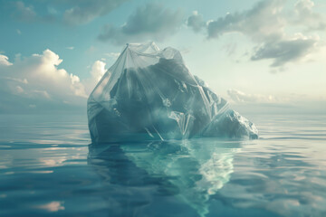 An environmental concept image depicting plastic waste floating on the sea surface, forming an iceberg-like structure.

