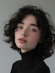 Professional photograph of a pretty girl with grey eyes, black middle-length curly hair, slightly open mouth and pale skin with a rosy complexion. Dressed in a black turtleneck sweater