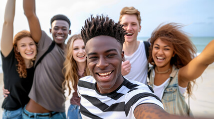 Joyful Multiracial Teenagers Celebrating on the Beach - Youthful Energy, Friendship