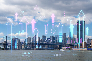 New York cityscape with futuristic hologram graphs and symbols, daylight photo with clear sky....