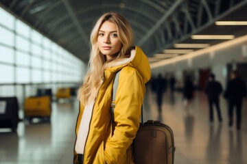 Fototapeta premium Female traveler in yellow jacket at airport terminal with luggage . Travel and transportation