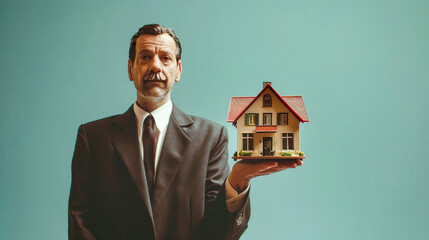 A man in a sharp suit elegantly presents a model house, symbolizing the world of mortgages and real estate sales