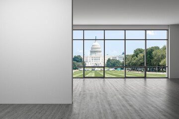 Empty room Interior View to Capitol Dome Cityscape Washington City Skyline Window background. Beautiful Real Estate. White mockup wall. Day time. 3d rendering.