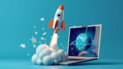 A toy rocket is launching from an azure laptop, creating an art event