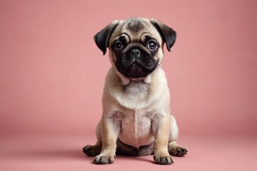 Pug puppy looking at camera, copy space. Studio shot.