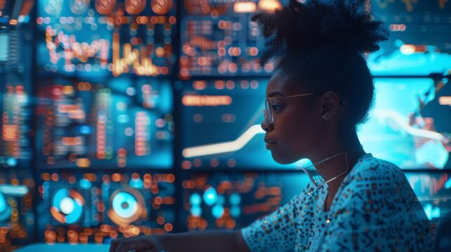 Professional programmer, IT specialist, black woman dealing with software, coding, cybersecurity surrounded by large digital computer screens in the System Management Center. NFT, Non-fungible token.