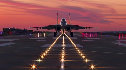 Runway lights illuminating the path for a fighter plane at twilight      , Futuristic , Cyberpunk
