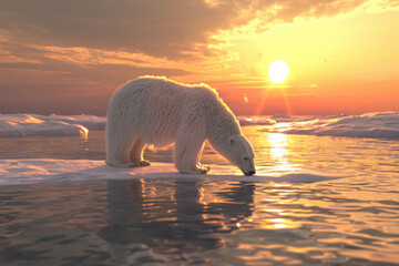 Under the setting sun, a solitary polar bear searches for food on the floating ice in the Arctic region.

