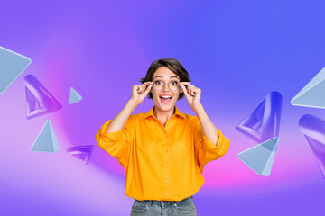 Creative collage young amazed impressed excited cute girl look stare glasses 3d elements virtual...