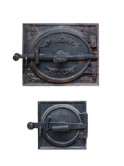 antique iron door for wood burning and soot removal isolated in white background