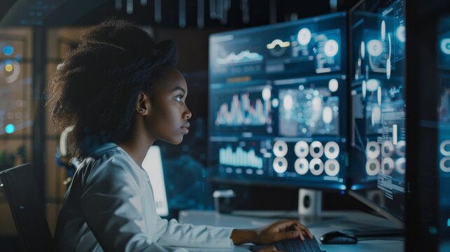 Professional programmer, IT specialist, black woman dealing with software, coding, cybersecurity surrounded by large digital computer screens in the System Management Center. NFT, Non-fungible token.