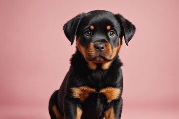 Fototapeta premium Rottweiler puppy looking at camera, copy space. Studio shot.