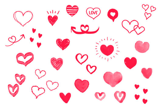 Various handwriting hearts all red vector icons set