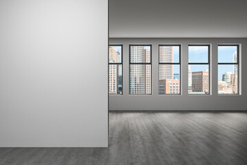 Panoramic picturesque city view of Boston at day time from modern empty room, Massachusetts. An...