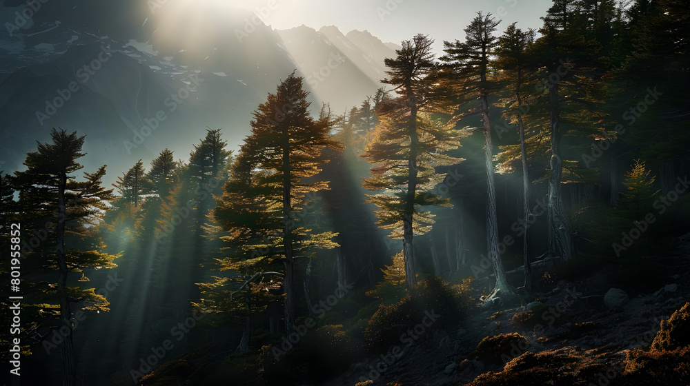 Poster sunlight filters through trees in the mountains