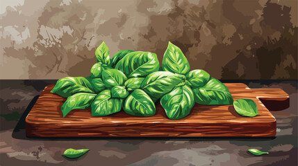 Wooden board with fresh basil on table Vector illustration