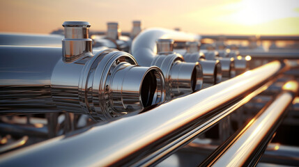 Close up view of intricate pipeline system with steel pipes and valves tightly interconnected in a harmonious pattern