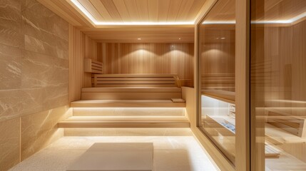 The soft padded benches inside the sauna providing a safe and comfortable space for individuals to sit and let their bodies heal..