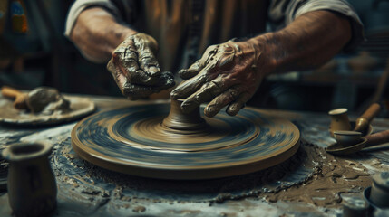 A sculptor's hands molding clay on a spinning wheel, studio tools in the background, focused and detailed craftsmanship.