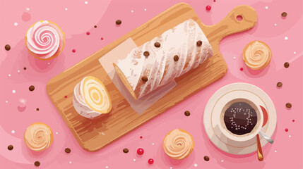 Wooden board with sweet sponge cake roll and cup  - obrazy, fototapety, plakaty