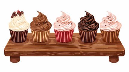 Wooden board with tasty chocolate cupcakes 