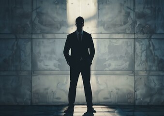 Obraz premium Silhouetted Businessman Standing Confidently in Dramatic Light Entrance