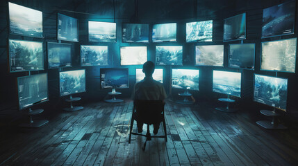 A man in a room with monitors, an observation point, Generative AI