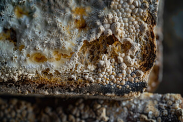 Macro photography of moldy bread due to moisture.

