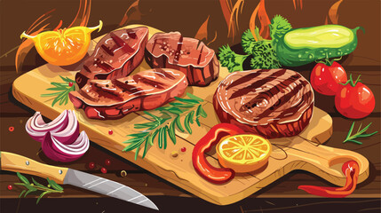 Wooden board with tasty grilled meat and vegetables o