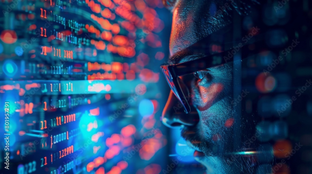 Aufkleber Close-up of a man, a programmer, an IT specialist, a hacker reading an html script, thinking about data analysis, cybersecurity, Coding in a modern high-tech office