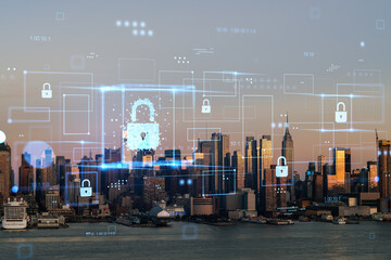 A cityscape of Manhattan at dusk with digital security hologram overlays. Photorealistic style on a...
