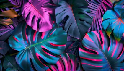 Seamless Floral Aquarium Background with Green Leaves and Flowers with Seamless Pattern Design,Creative fluorescent color layout made of tropical leaves. Flat lay neon colors