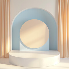 Modern Simplicity: Minimalist Interior Design with Circular Platform and Elegant Curtains