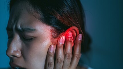 Symptom Illustration: Person Grimacing, Clutching Ear with Signs of Otitis and Otalgia, for medical website content, for health-related articles - obrazy, fototapety, plakaty