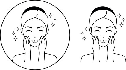 The girl washes her face after the mask. She attends beauty treatments, takes care of her face and skin.A skin care icon, an image of a woman's face on a transparent background. Vector icon.